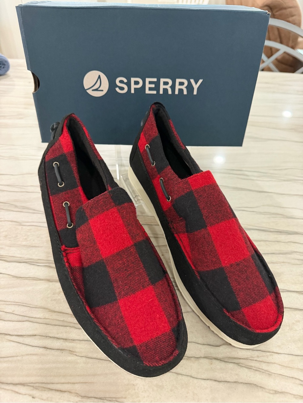 Sperry Men’s Red and Black Plaid Slip-On Boat Shoes
